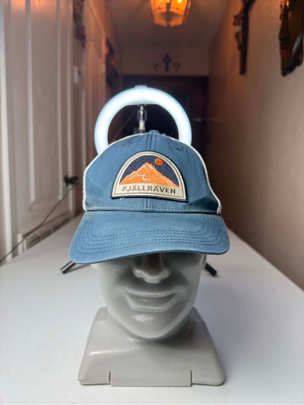 Used Fjallraven Langtradarkeps Badge Trucker Snapback Hat - Blue Sz L/XL